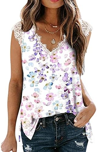 Блуза, Тениска за Жени Лято Есен 2023 Дрехи Без Ръкави С Къс Ръкав Лейси Памучен Тениска с V Образно деколте и Цветен Модел