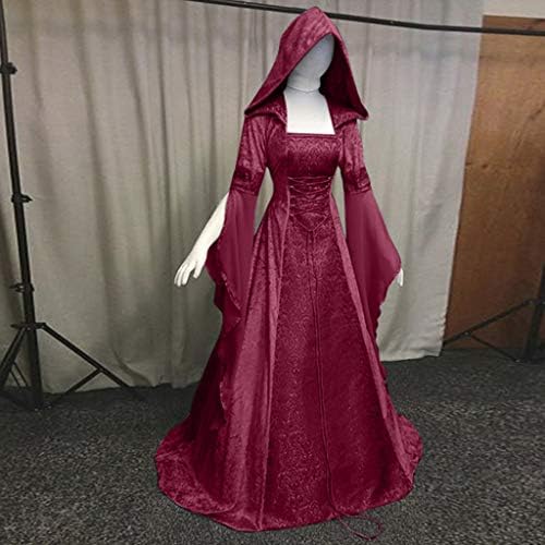 Рокля вещици ZEFOTIM женски винтажное рокля-наметало на вещица с качулка, ръкав-тромпет, средновековна сватбена