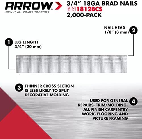 Стоманени пирони Arrow BN1812BCS 18-ти калибър за фрезоване, шкафове, Рамкиране, облицовки, са Безопасни за използване с електрически гвоздодерами или прибивателями на бат