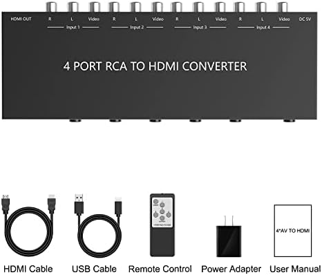 Azduou 4 AV-HDMI 1080P/720P 4-лентов RCA Композитен CVBS AV-ключ към HDMI Конвертор Адаптер с Поддръжка на смяна 4:3/16:9, за Sega Xbox PS1, PS2, PS3 N64 NGC SNES WII VHS видео, Камера, DVD (с дистанционно управл