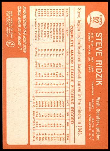 1964 Topps # 92 Стив Ридзик Вашингтон Сенатърс (Бейзболна карта) в Ню Йорк + Сенатърс
