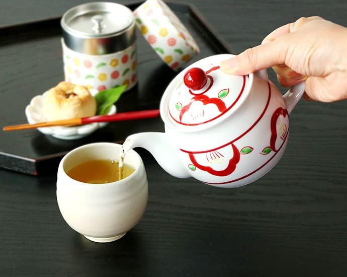 Чайник Arita Фаянс с червена рисувани Съдове Arita, Произведено в Япония, Чайник, Зелен чай, чай с кафяв ориз,