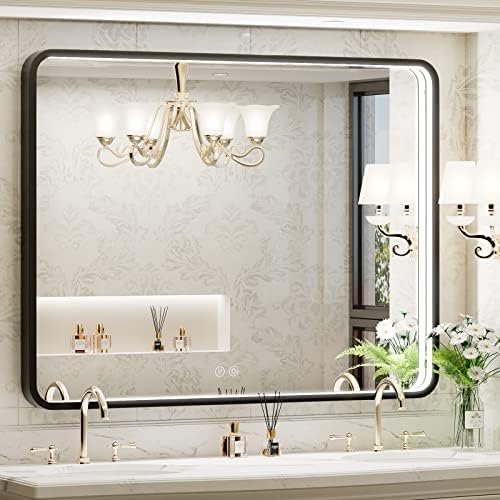 Огледало за баня с led подсветка JSneijder 24x36, огледало с led осветление в черна рамка, огледало с регулируема