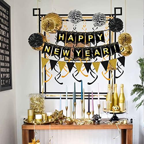 Комплект Happy New Year Black Банер със Златен Черен Хартиена Флага, Овесени ядки, Вихрова Лента и Помпоны за Декорация на партита Happy New Year