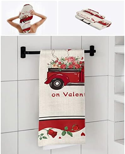 Комплект Кърпи от 3 теми - 1 кърпи за баня, 1 кърпа за ръце, 1 Гъба за Баня с Цветя на Свети Валентин, Кухненски Абсорбиращи