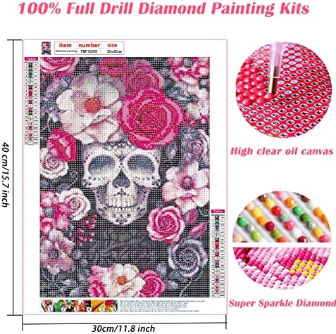 HSENJT САМ 5D Комплекти за рисуване с диаманти за възрастни и деца, Розови Цветя, Череп, Диамантени комплект