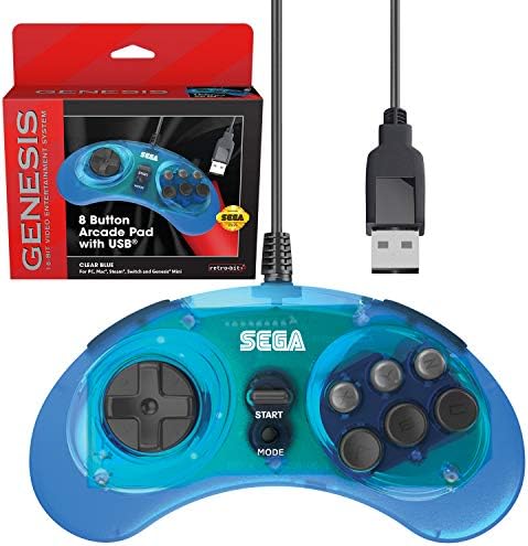 Официален USB контролер Sega Genesis в ретро стил с 8-Кнопочной аркадна панел за Sega Genesis Mini, Switch, PC, Mac, Steam, RetroPie, Raspberry Pi - USB-порт - (Прозрачен синьо)