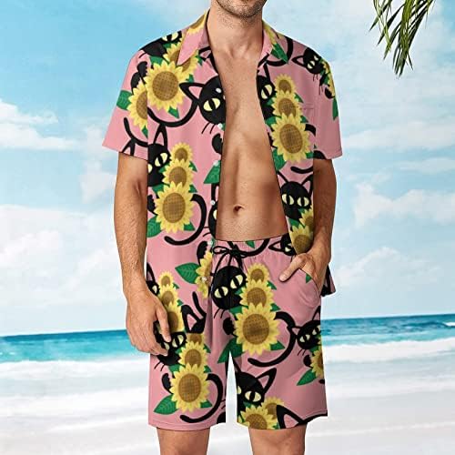 Мъжки Плажни Дрехи Sunflower Котка от 2 теми, Хавайска Риза с копчета с Къс ръкав и къси Панталони, Костюми