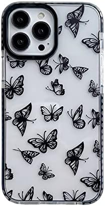 Lxsceto Черна Пеперуда Модерен Сладък Прозрачен Калъф за телефон iPhone 14 Pro 6,1 инча с Вградени Броня устойчив на удари Защитен калъф за iPhone 14Pro 6,1