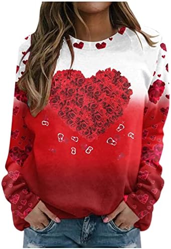 Жена Пуловер с Цветен Модел във формата на Сърце, Монтиране на Обикновени Ежедневни Тениски С Кръгло деколте, Свободни Блузи В Свети Валентин