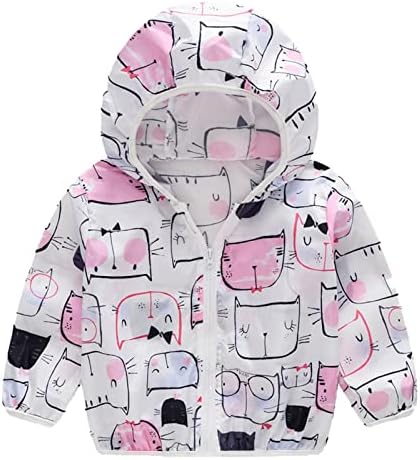 Слънчеви якета за малки момчета и момичета, Горна дреха с качулка с Анимационни принтом, Палто с цип за момчета, палто и шапка (Бял, 4 години)