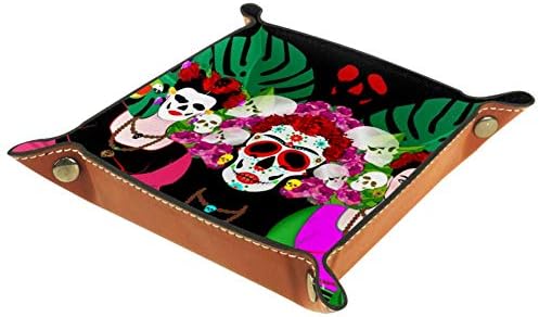 AISSO Valet Тава Мексикански Череп Мексиканска Жена Печат Кожени Тави за Бижута Кутия-Органайзер за Портфейли, Часовници,