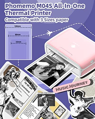 Преносим принтер Phomemo M04S - Bluetooth принтер за термални принтери, без мастило, с 3 ролята на черно-бяла
