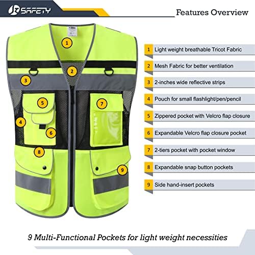 JKSafety 12 джобове, Клас 2, Отразяваща жилетка за сигурност с висока видимост, Предни и Задни джобове с