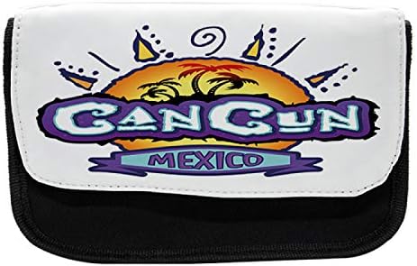 Молив случай Ambesonne Cancun, Мексико, Каллиграфический Дизайн, Тъканно Чанта за Моливи с двоен цип, 8,5 x