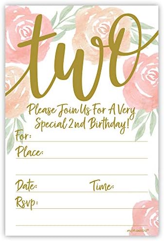 Акварелни покани на 2-ри рожден ден за момиче с цветен модел - Попълнете Пликове в стил (20 броя)