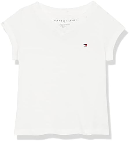 Однотонная тениска с V-образно деколте и къс ръкав Tommy Hilfiger за момичета, бродирани логото и дизайн, без етикети,