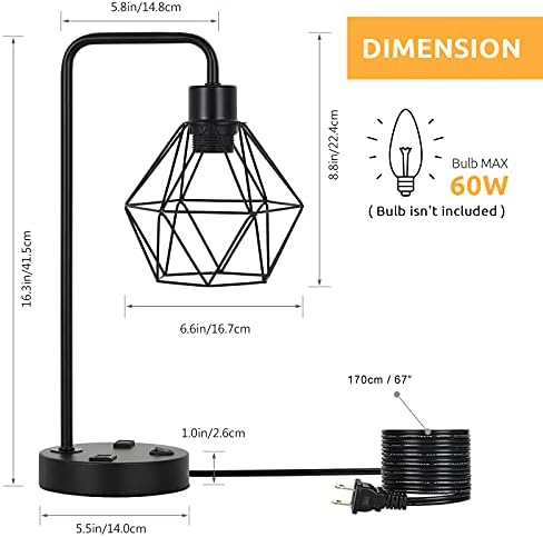 Промишлени Настолни лампи MOOACE с две USB, Комплект от 2 части, Настолна лампа Едисон с розетка за променлив ток, Нощна лампа за четене на нощното шкафче с Черна метална