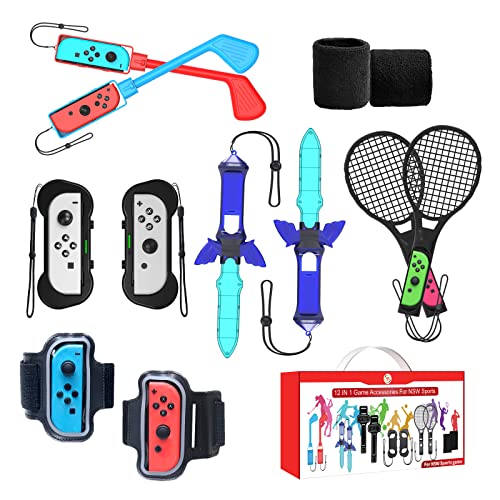 2022 Комплект спортни аксесоари Nintendo Switch Bundle Pack - семеен комплект аксесоари 12 в 1 за спортни игри, калъфи за стикове за голф, гривни на китките, краката бандажи, ракети,