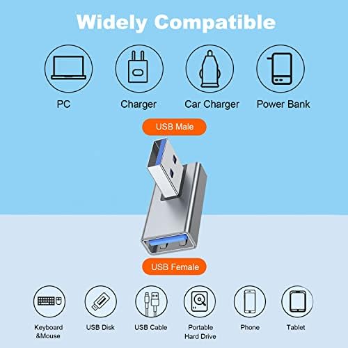 AreMe 90-Градусов адаптер USB 3.0, 2 комплекта, удължител с левия и десния ъгъл USB A за мъже и жени, за PC, лаптоп, зарядно устройство, USB A захранване и много Други (Сив)