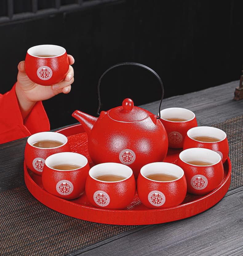 Китайското Традиционно Сватбена Украса, Червен Чай, Китайски Чай кунг-фу, Кана с 8 Чаши и една Чаена дъска, Червена
