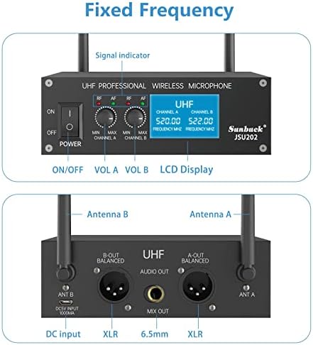 Sunbuck 【Фиксирана честота, щепсела и да играе】 най-новият Безжичен Микрофон система 2023, 2 Безжични UHF динамичен