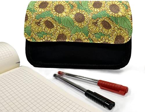 Foldout молив случай на Слънчогледа, Букет Листенца от Цветя, Тъканно Чанта за Моливи с Двоен цип, 8,5 x 5,5, Жълто-Кафяво-зелен