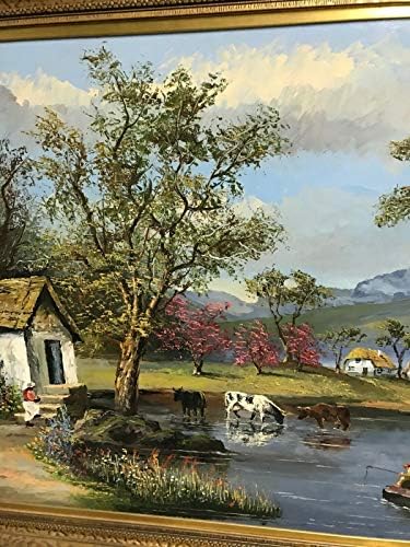 Морис Кац, художник, картина с маслени бои в рамка, 1967, къща на реката, 81 x 45