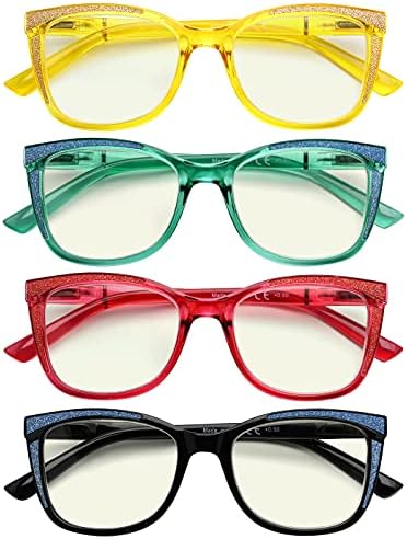 Очила за четене Eyekepper, 4 опаковки, Блокиране на Синята светлина, за Жени, за четене с пайети Котешко око + 2.00