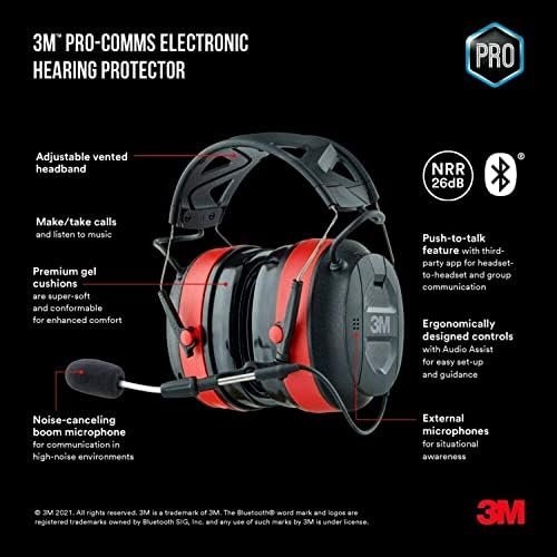 Електронна защита на слуха 3M Pro-Comms с Bluetooth безжична технология и външни микрофони, Слушалки, Bluetooth, NRR 26 db и Pro-Protect, Черен, Средно