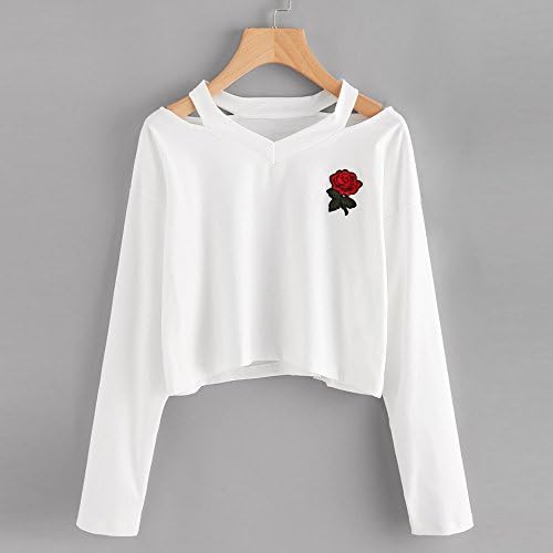 Дамска блуза, разпродажба JFLYOU! Модни Hoody с дълги ръкави за Момичета, Всекидневни Пуловер с Принтом Рози, Потник, Блуза за Дами (Бял, M)