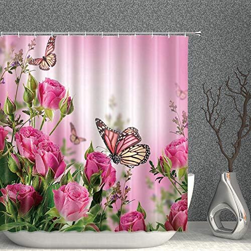 Цвете, Пеперуда Декор Завеса За Душ Розова Роза Романтични Цветя Зелени Листа Пролетта Живописни Тъканни Завеси за Баня, 70x70