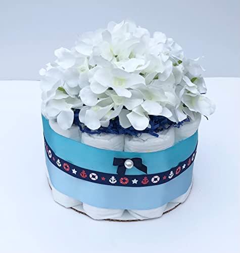 Мини торта с подгузниками за момче - централна украса В стил котва - Подарък за детската душа