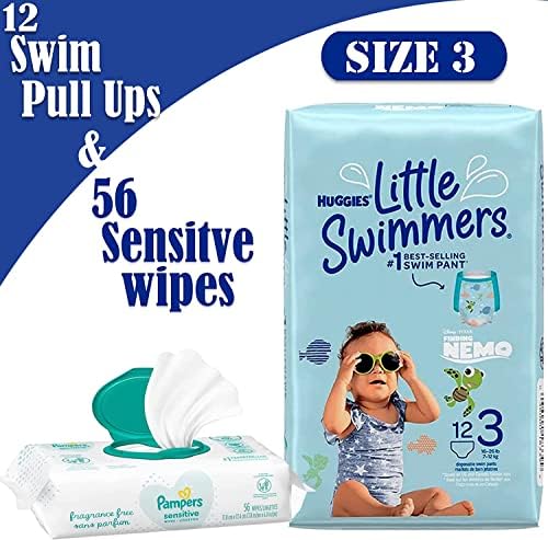 Малките плувци Размер на 3 (16-26 кг) Малки памперси за плуване, от 12 парчета + Бонус опаковка чувствителни бебешки кърпички, абсорбираща 56 Карата и регулируеми плувни ?