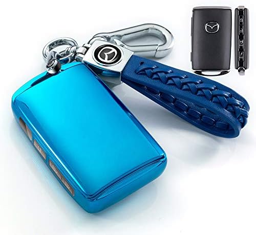 Защитен калъф-ключодържател Tinemin Smart с кожен държач за ключове за Mazda 3 2019-2021, Mazda 3 Хечбек, 2020-2021 Mazda CX-5, CX-30, CX-9 (3-4 бутони, синьо)
