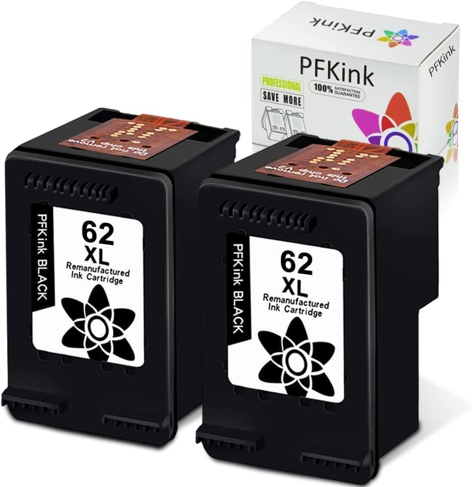 Възстановените касети PFKink Заместват 62XL 62 XL принтери от серията Envy 5540 5640 5660 7644 7645 OfficeJet 5740 8040 OfficeJet 200 250 (2 черни).