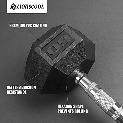 Шестоъгълник гири LIONSCOOL в PVC обвивка, за двойка или самотен, ръчен тегло Премиум-клас с метална дръжка за силови