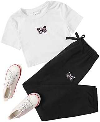 Комплект дрехи Romwe за момичета от 2 теми, Скъсяване на Блузи и Панталони с принтом пеперуди, Комплект Дрехи