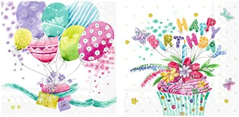 Бостън Международен комплект от 2 (20 карата) Кърпички за коктейли честит рожден Ден, Кифли и Въздушни балони, Цветни