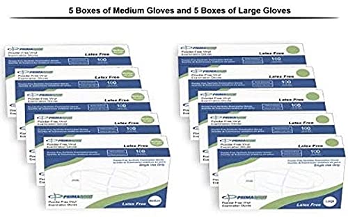 Primacare VG-2505 Опаковка от 1000 броя Медицински винил Гледане на ръкавици за Еднократна употреба без латекс и прах, 5 опаковки средни и 5 опаковки Големи Ръкавици от прозра