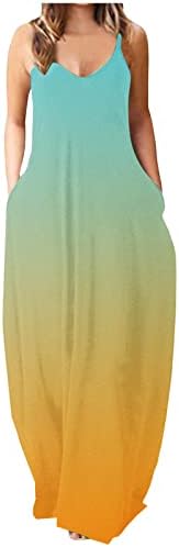 Дълга рокля Макси за жени, Летни Слънчеви Рокля с Джобове на Тънки спагети презрамки и Без Ръкави, Ежедневни Рокли