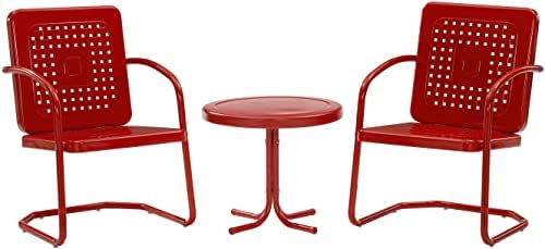 Crosley Furniture KO10019RE Бейтс, Определени за сядане на открито от метал в ретро стил от 3 теми с масичка и 2 стола, Ярко-Червен
