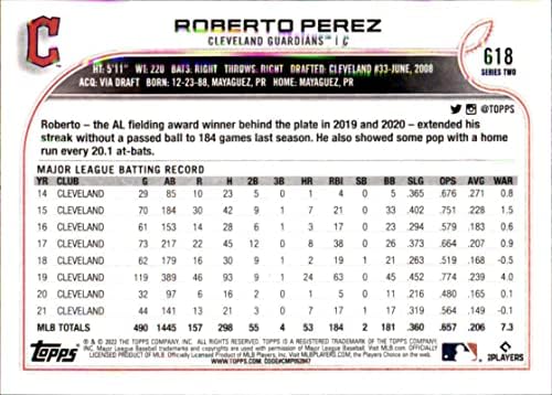 Бейзболна картичка 2022 Topps #618 Роберто Перес Кливланд Гардиън Серия 2 МЕЙДЖЪР лийг бейзбол