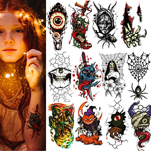 Котбы Светят в Тъмното, Светещи Временни Татуировки за Хелоуин, 12 Листа на Ужасите, Реалистичен, Скелет, Тиква, Паяк, Страшни