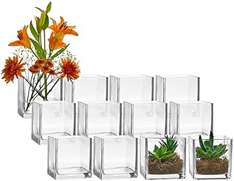Съраунд комплект PARNOO от 12 Стъклени квадратни вази с размер 5 x 5 см – Прозрачна Ваза за цветя във формата