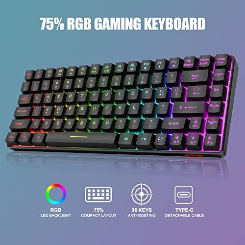 Мини детска клавиатура RedThunder K84, Ультракомпактная Жични клавиатура с механични усещане TKL на 75% и светодиодни ефекти RGB PC/MAC / PS4 /PS5/XBOX Геймър (черен)