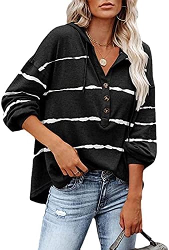 Дамски бутон пуловер с качулка, яка на експозиции с дълъг ръкав v-образно деколте Шарени принт есен риза жилетка върховете