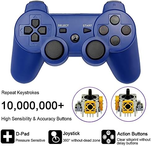 Контролер Autker PS3 Безжичен, 2 комплекта, Двойна Вибрация Геймпад с 2 Честота на кабели, Съвместими с Playstation 3 (синьо