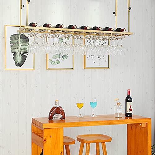 Креативен Вино Багажник|, полици за съхранение на бутилки вино и Чаши, Тавана Метален Окачен Държач за Чаши, за кабинет, кухня, бар, Златен (Размер: 80x35 см)