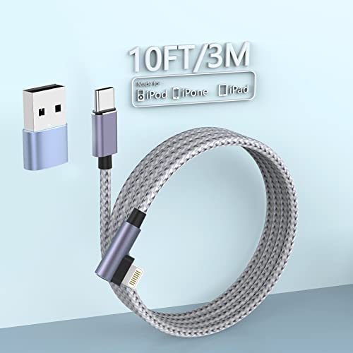 90-Градусов USB кабел C до Гръмотевична 10 фута, с USB-адаптер, сертифицирано Пфи Правоъгълно Зарядно за iPhone Lightning